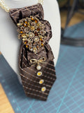 Ruthie's "Derby Brown" Chocolate Quilted Necktie Necklace | Amber Gold Brooch & Bow Pin Statement Piece