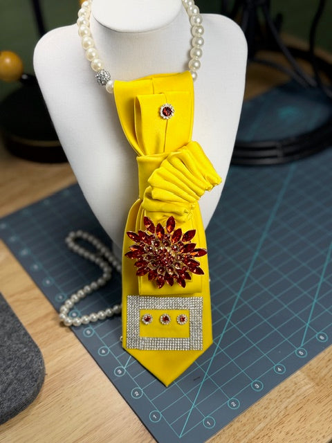 Ruthie's "Canary Yellow" Necktie Necklace | Ruby Red Sunburst Brooch & Silver Rhinestone Trim Statement Piece