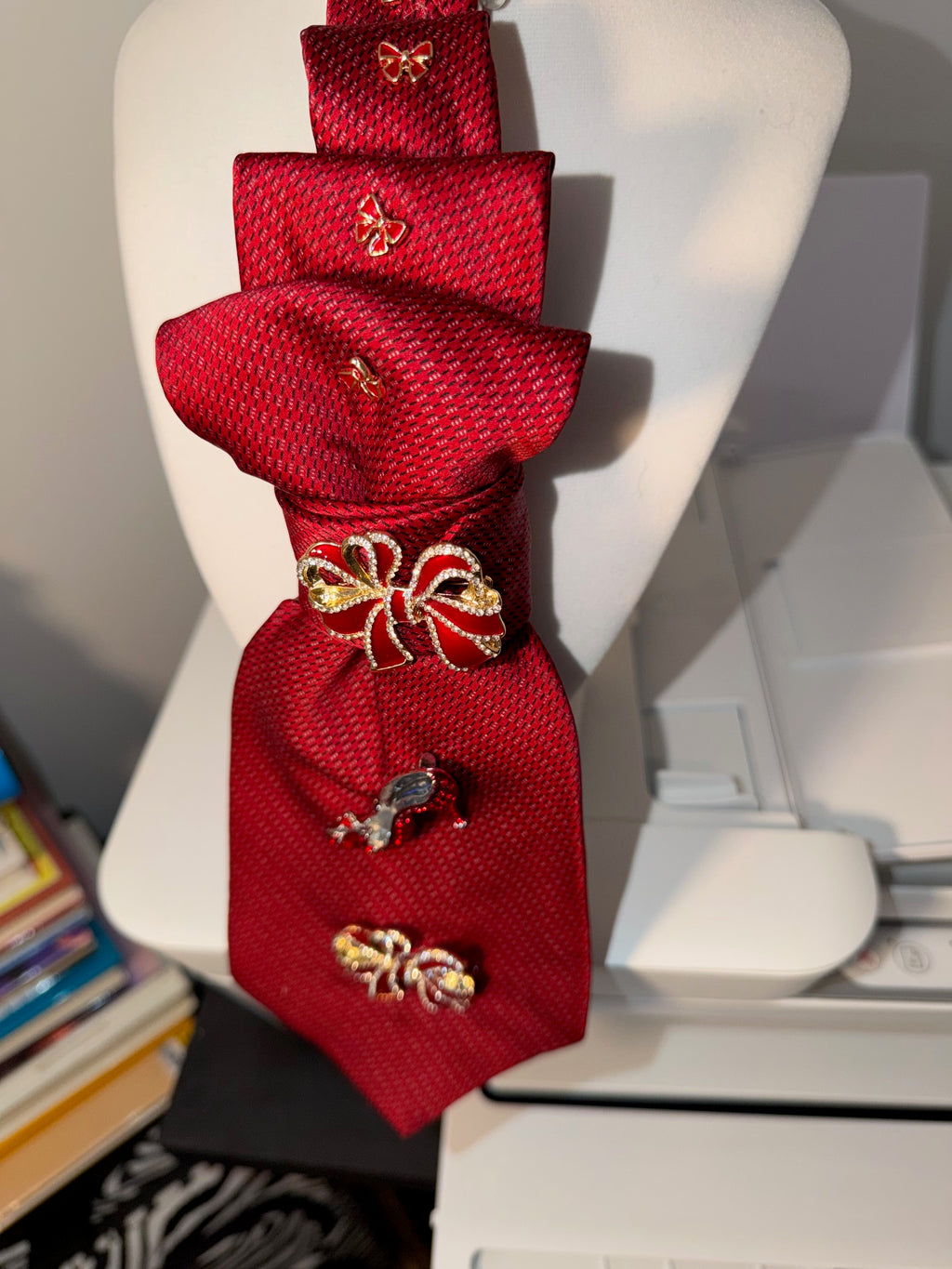 Ruthie's Emotional Metaphorical Sensational Red & Gold Necktie Necklace | One-of-a-Kind Statement Piece