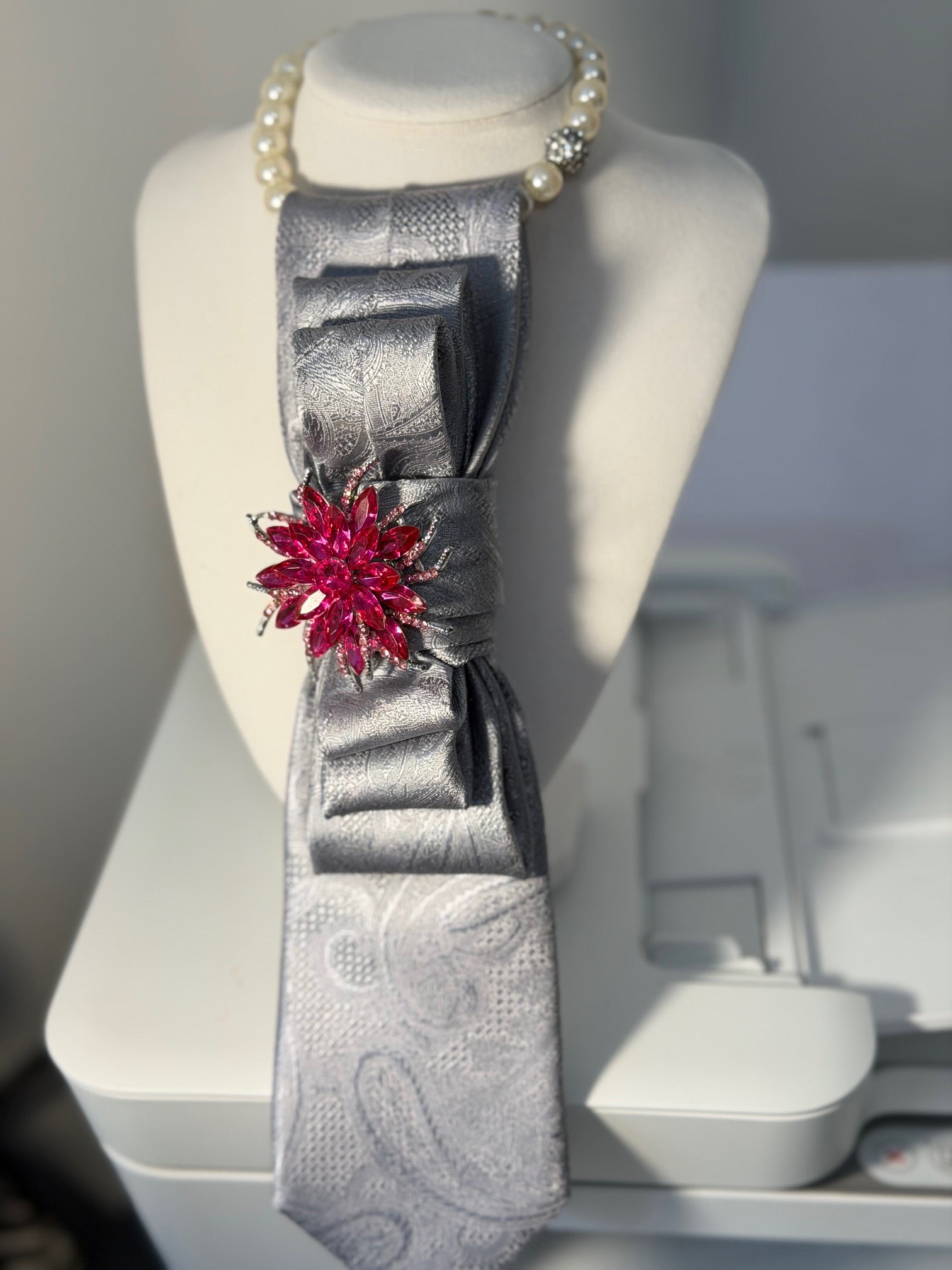 Ruthie's Formal Luxury In Gray Necktie Necklace | One-of-a-Kind Statement Piece