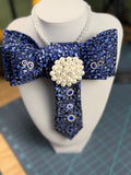 Ruthie's "The Queen" Navy & Powder Blue Floral Bow Necktie Necklace | Pearl Brooch & Rhinestone Statement Piece