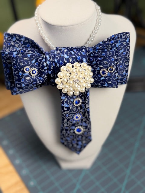 Ruthie's "The Queen" Navy & Powder Blue Floral Bow Necktie Necklace | Pearl Brooch & Rhinestone Statement Piece