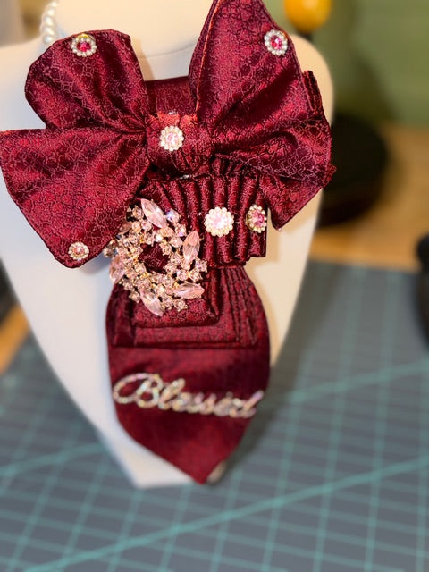 Magical Maroon Handkerchief Necktie Necklace – Pink Sunburst & Blessed Brooch