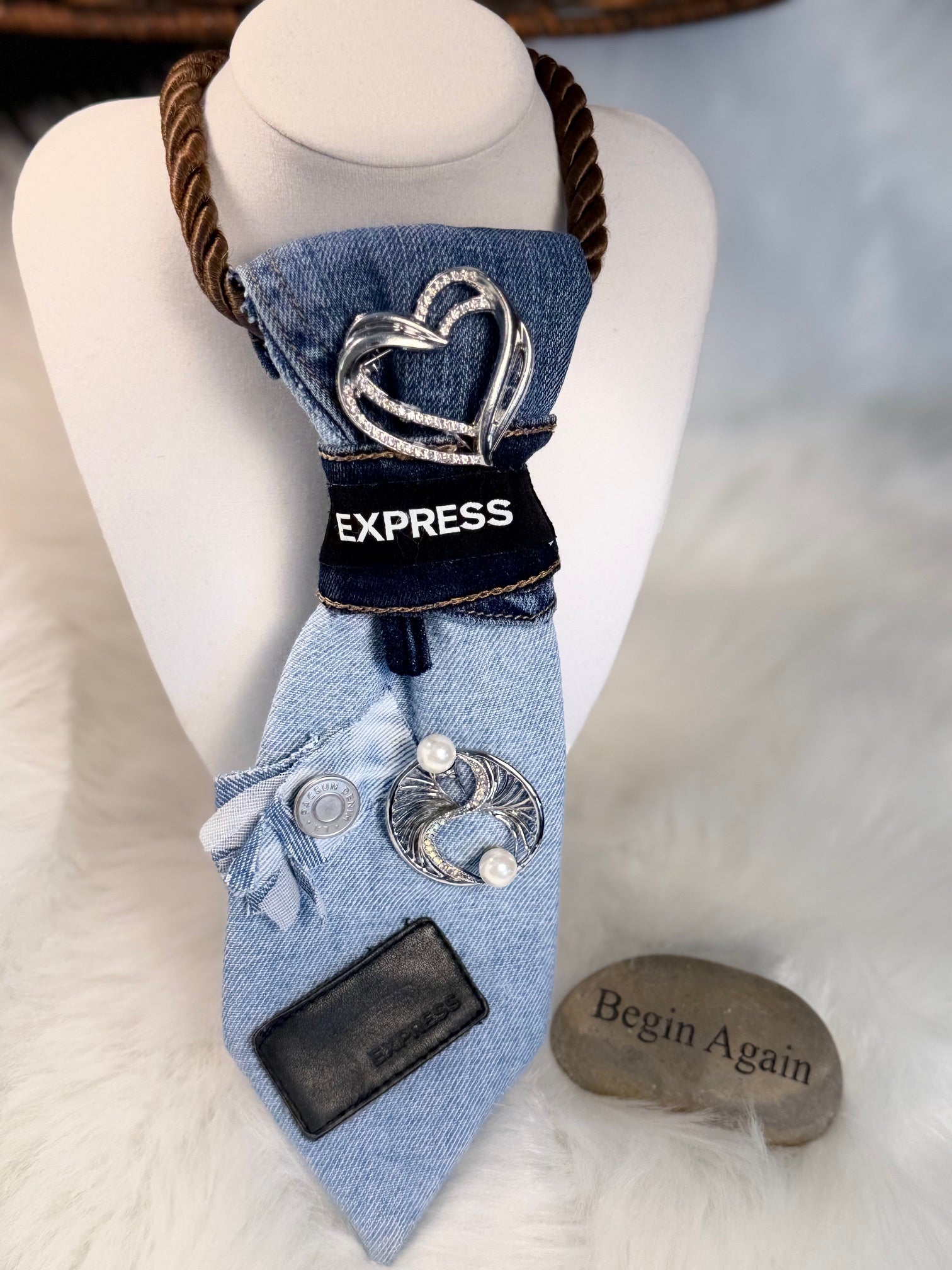 Express Denim Necktie Necklace with Silver Heart Brooch & Pearl Moon Brooch – Bold Wearable Art