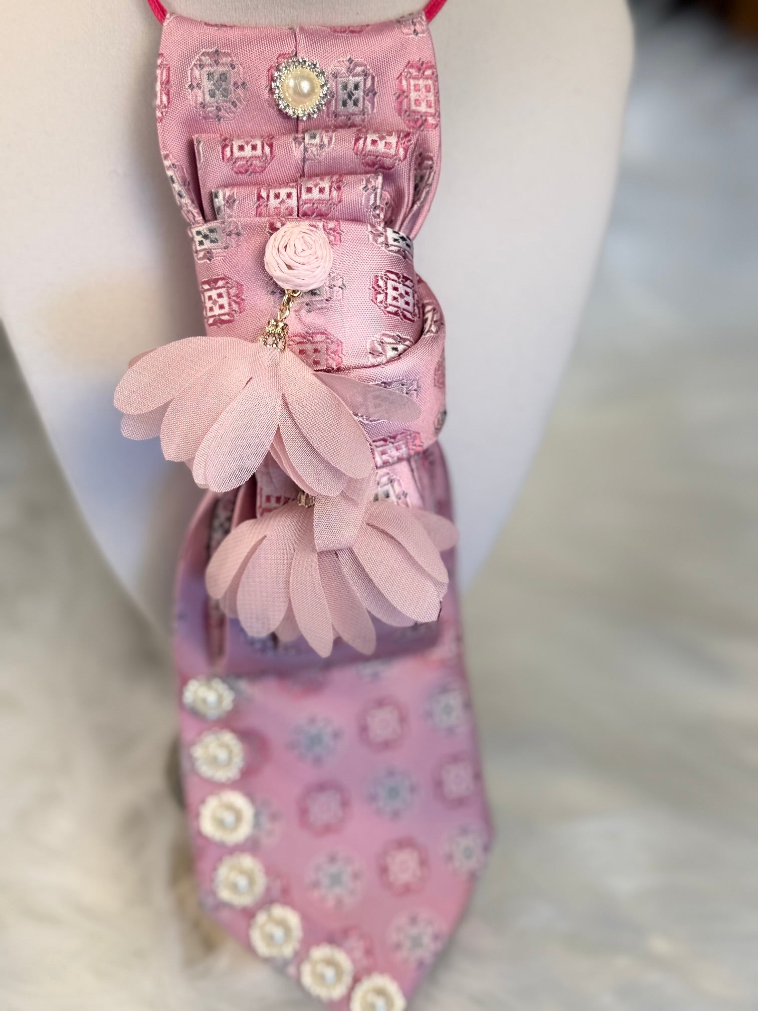 Pretty in Pink Iridescent Square Pattern Necktie Necklace with Pink Floral Earring Embellishments