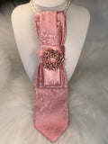 Pink Brocade Necktie Necklace with Sun-Shaped Soft Pink Brooch – Magical Prom Night