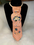 Soft Coral Silk Necktie Necklace with Tiffany Blue Embellishments – Whimsical Romantic Charm