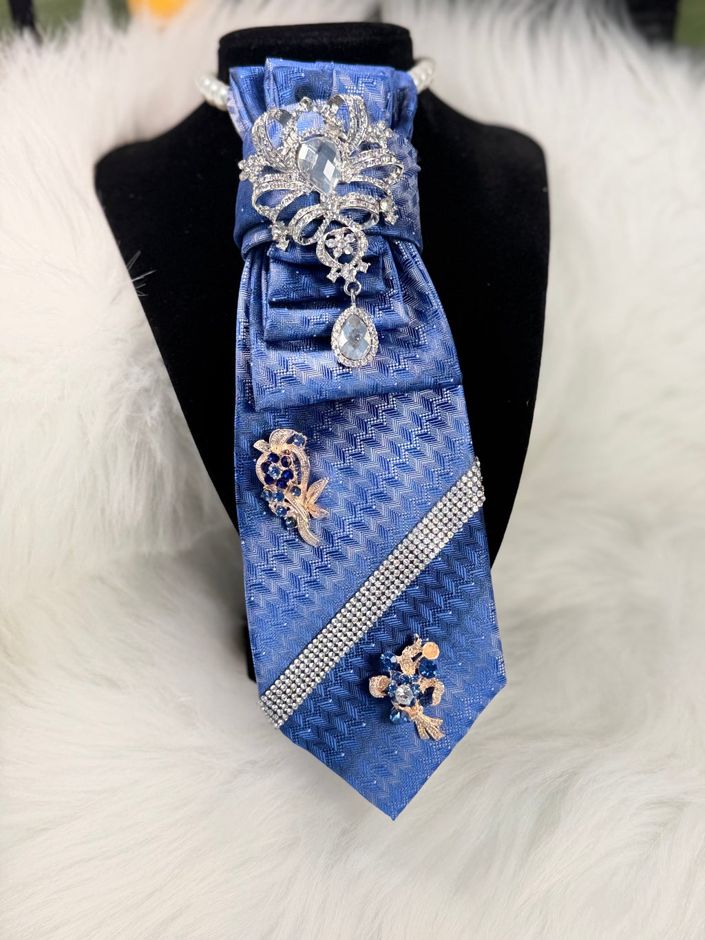 Vivid Ice Blue & Gray Horizontal Pattern Silk Necktie Necklace