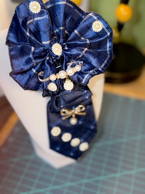 Navy Blue Polka Dot Necktie Necklace – Pearl & Gold Bow Brooch