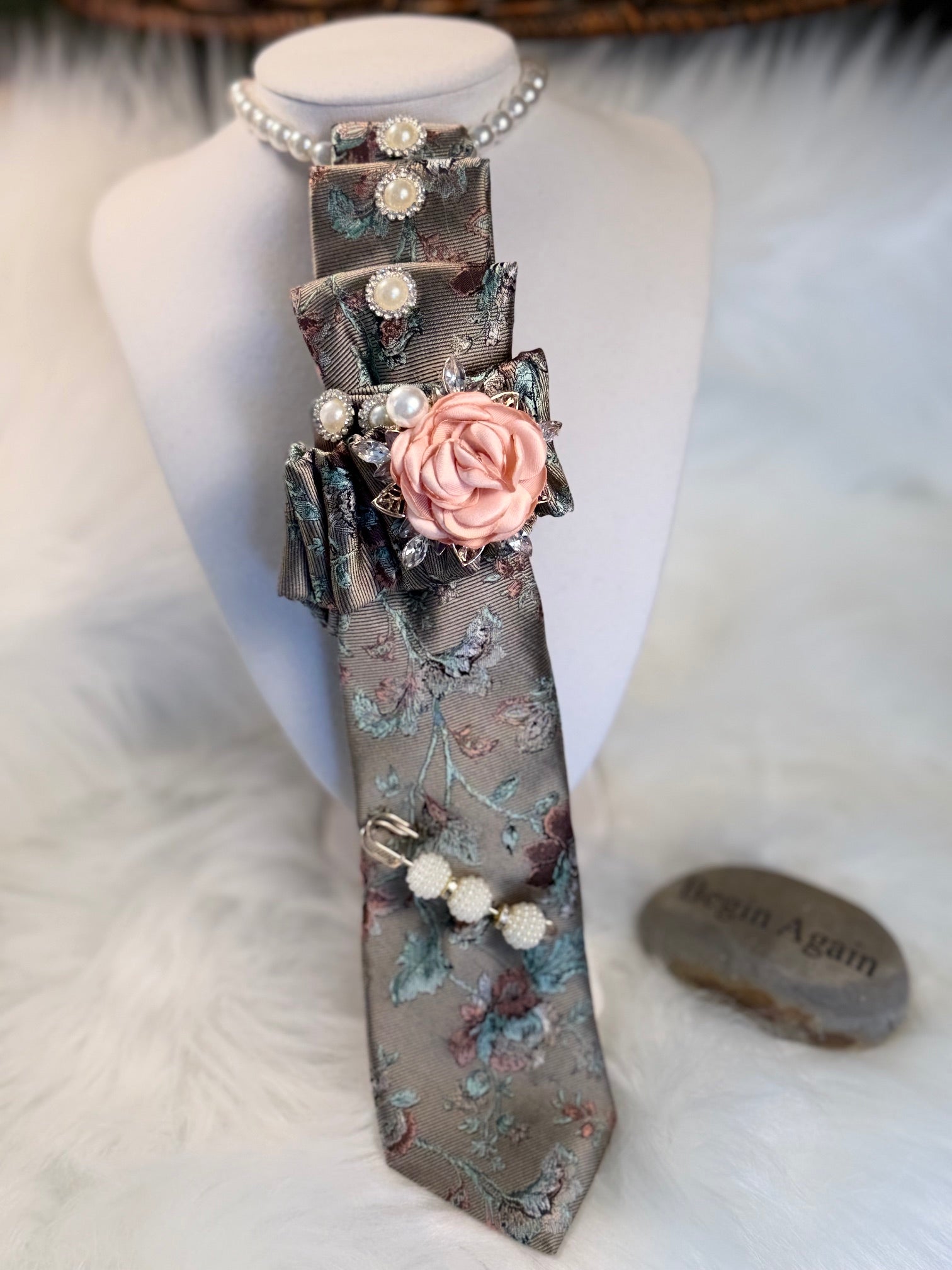 Iridescent Opalescent Khaki Green Tapestry with a Blush Pink Bouquets of Flowers Necktie Necklace