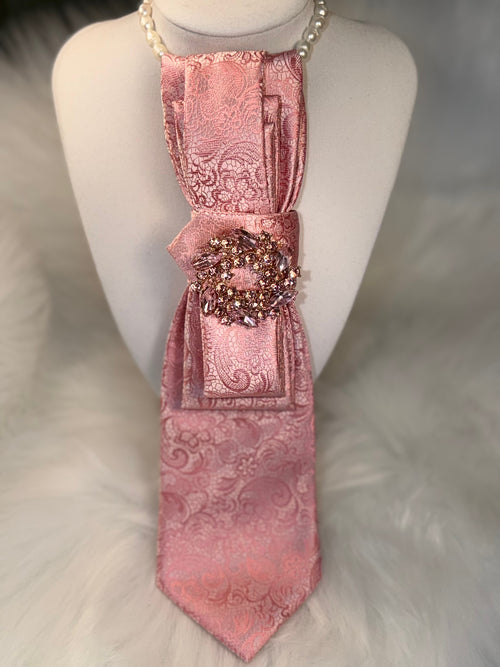 Pink Brocade Necktie Necklace with Sun-Shaped Soft Pink Brooch – Magical Prom Night