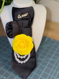 Ruthie's "Queen Sheila" Black Necktie Necklace | Yellow Rose & Pearl Statement Piece