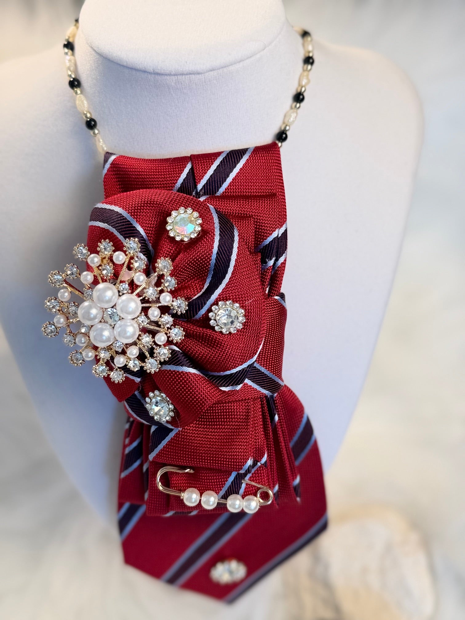 Sunday School Deepest Red-Darkest Maroon-Soft Gray Vertical Striped Pattern Necktie Necklace
