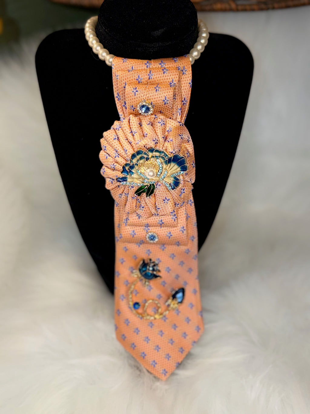 Soft Coral Silk Necktie Necklace with Tiffany Blue Embellishments – Whimsical Romantic Charm