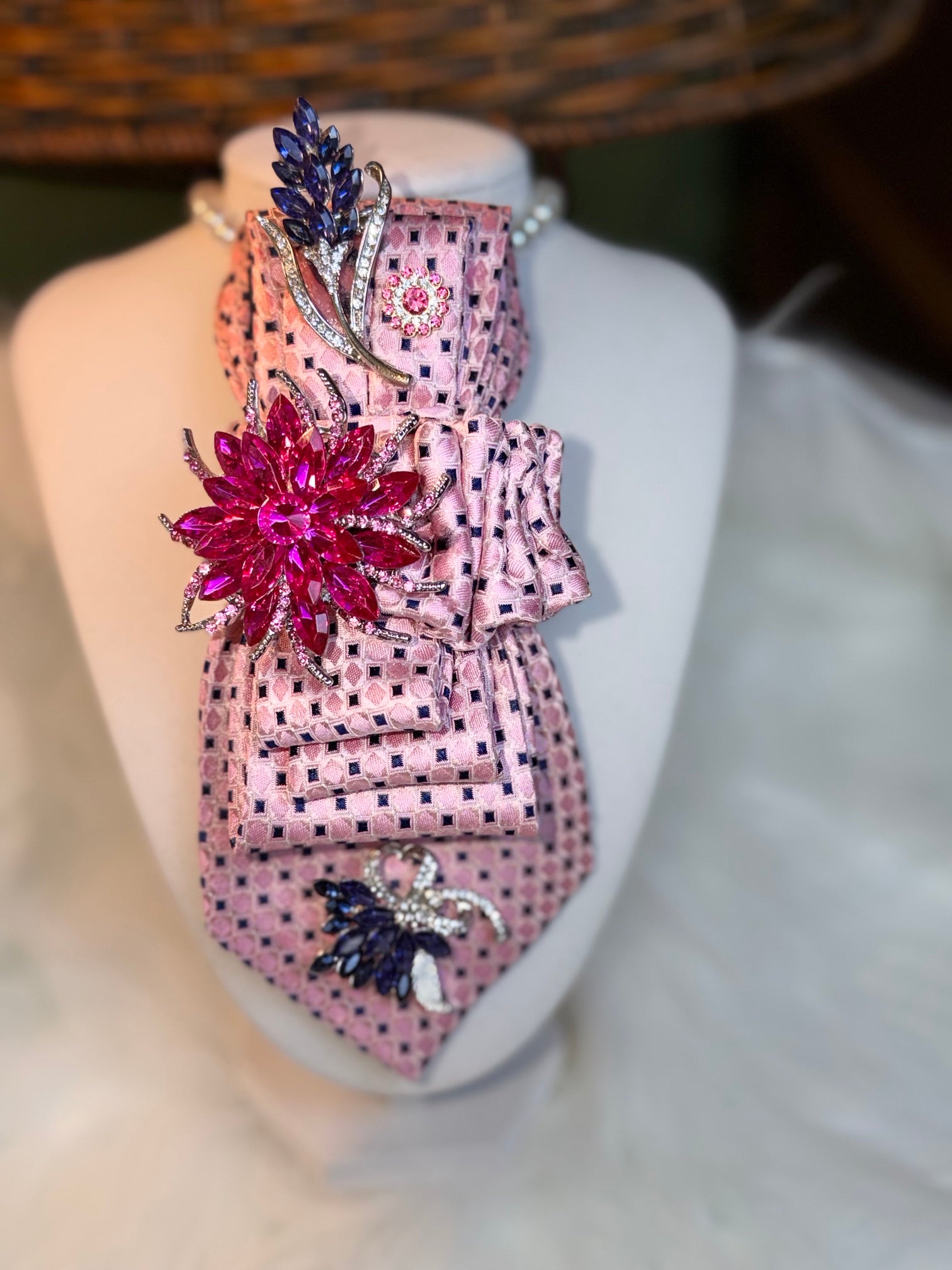 Tommy Hilfiger Designer Pink & Navy Necktie Necklace with Amethyst Brooches