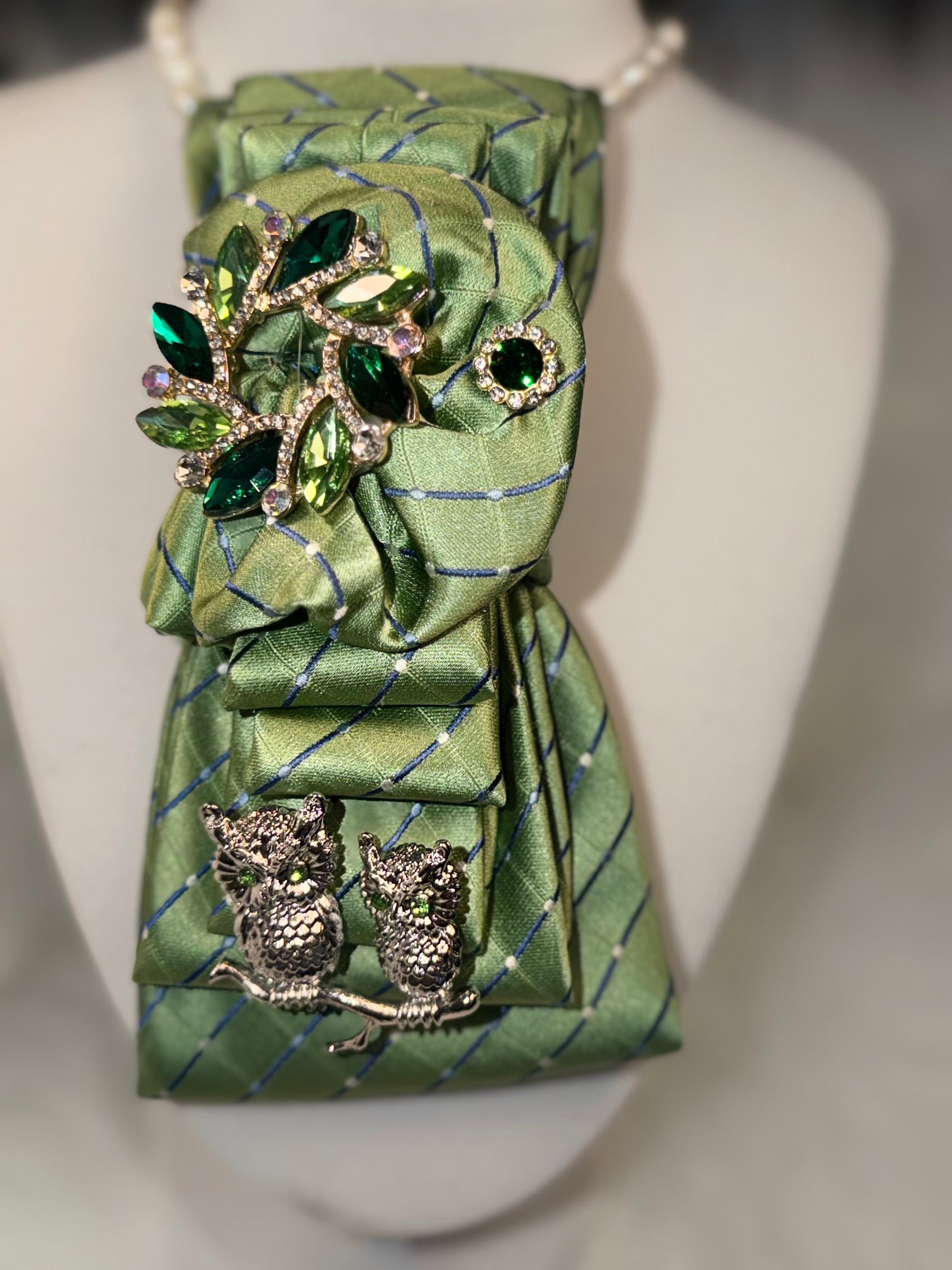 Two Wise Owls Watching over the Poppin Lime Bowtie Necktie Necklace