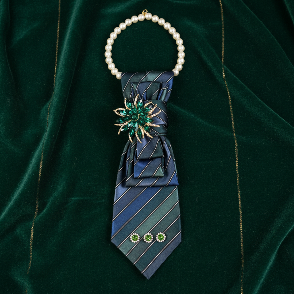 Iridescent teal navy stripe necktie necklace with emerald green marquise crystal starburst brooch displayed as flat lay on forest green velvet