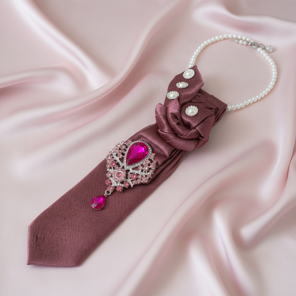 Dusty rose mauve necktie necklace with gathered rose accent and fuchsia crystal brooch displayed as flat lay on blush pink silk surface