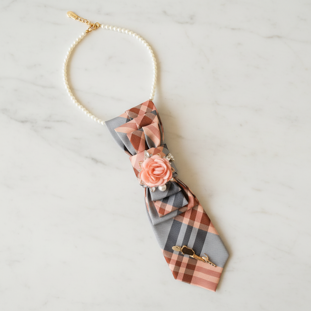 Calvin Klein peach necktie necklace with elegant embellishments displayed as flat lay on white marble surface