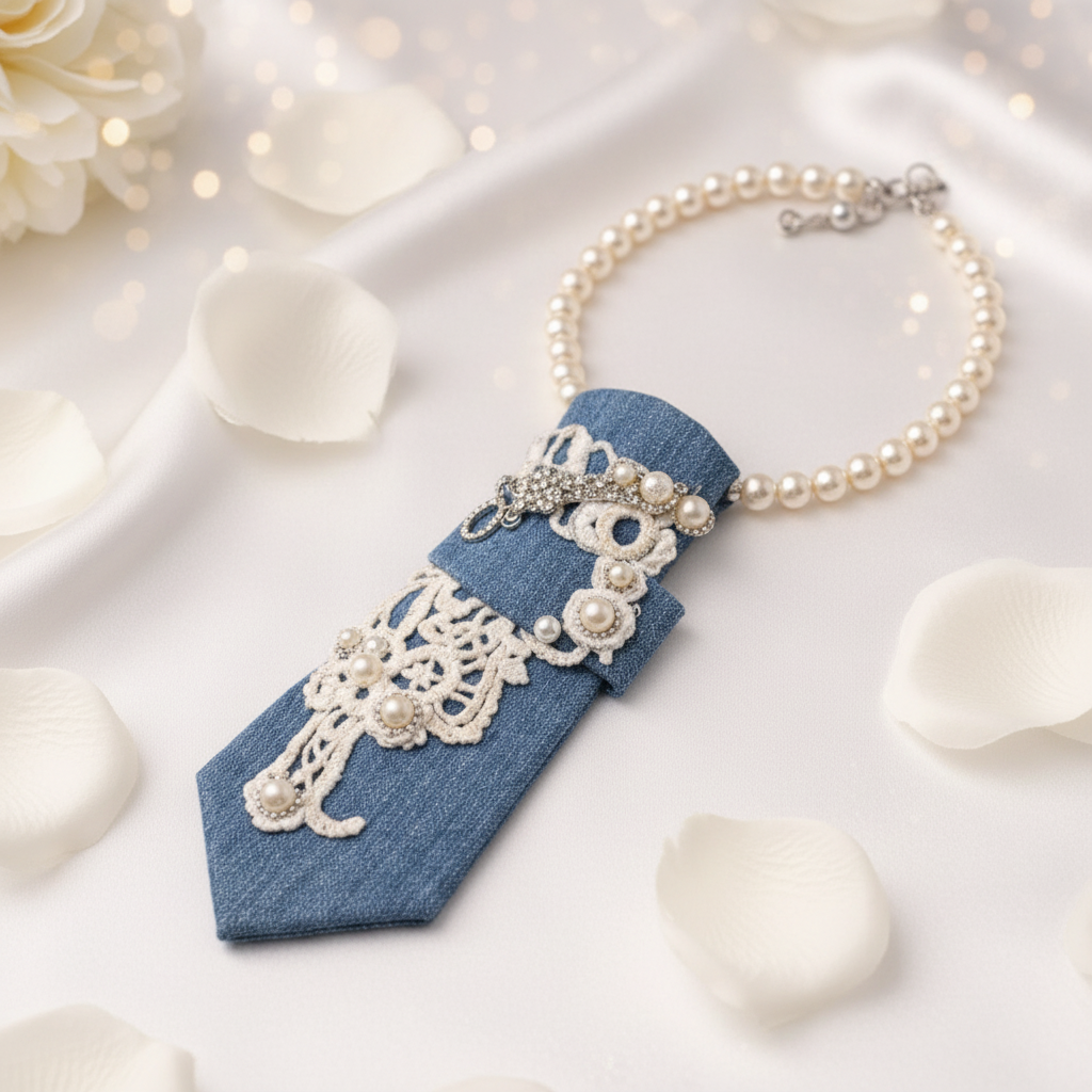 Sky blue denim necktie necklace with ivory lace and pearl accents displayed as flat lay on white silk with rose petals