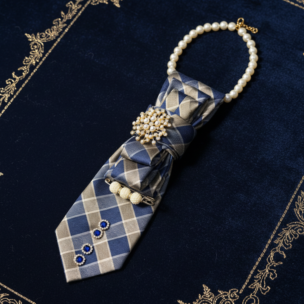 Navy blue gold plaid silk necktie necklace with pearl diamond rhinestone starburst brooch displayed as flat lay on navy velvet