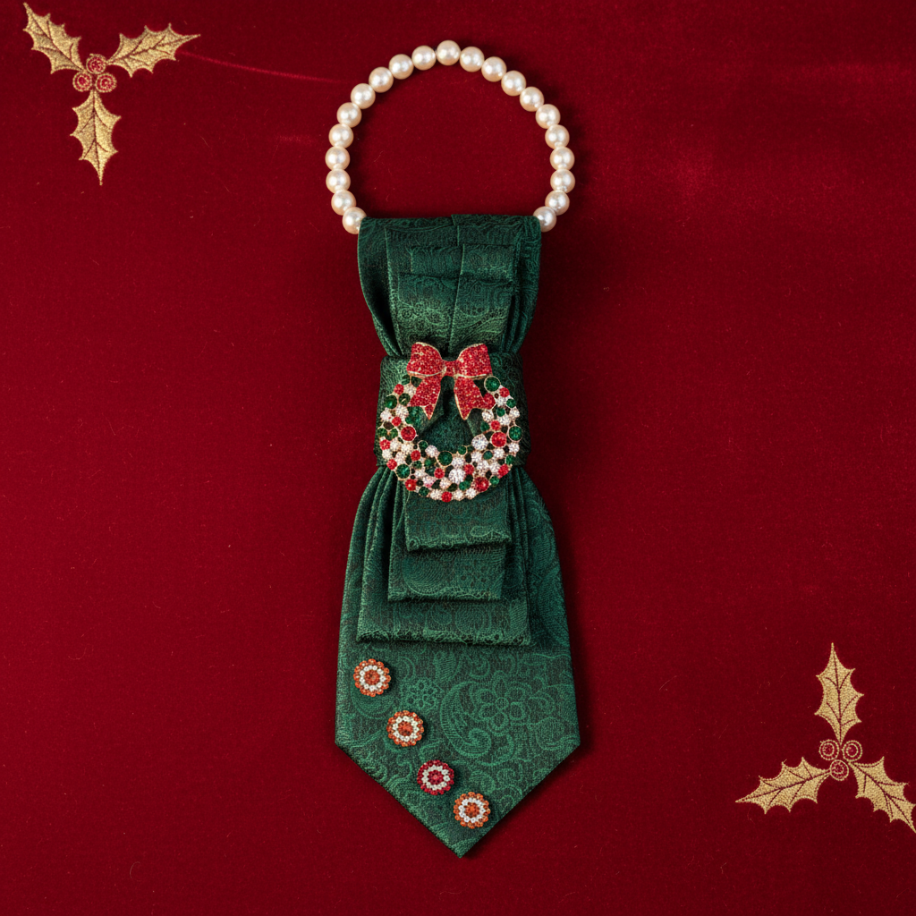 Emerald green brocade necktie necklace with rhinestone Christmas wreath brooch displayed as flat lay on red velvet with gold holly accents