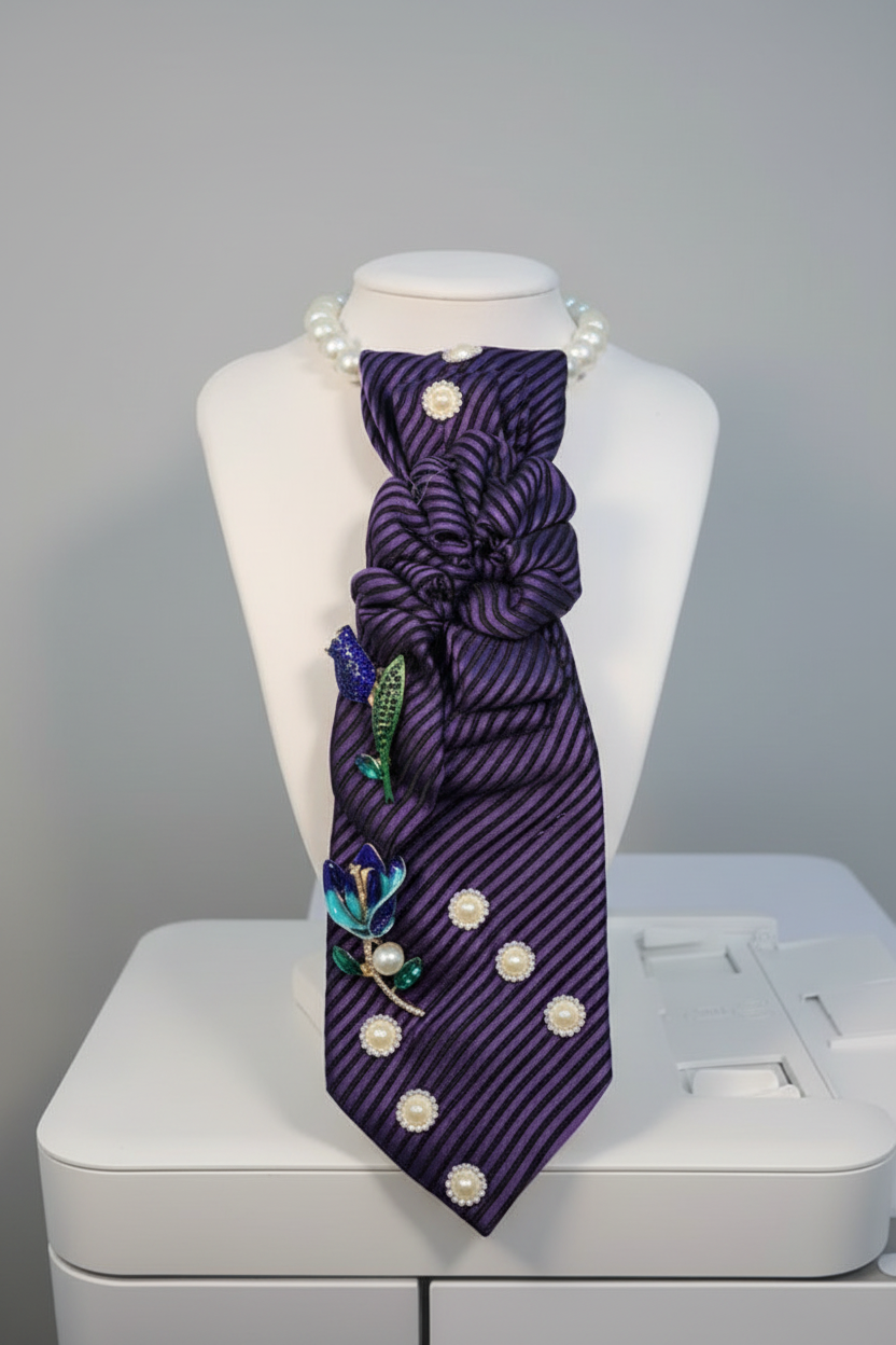 Purple striped necktie necklace with pearl accents and jeweled floral brooch on a soft gray background
