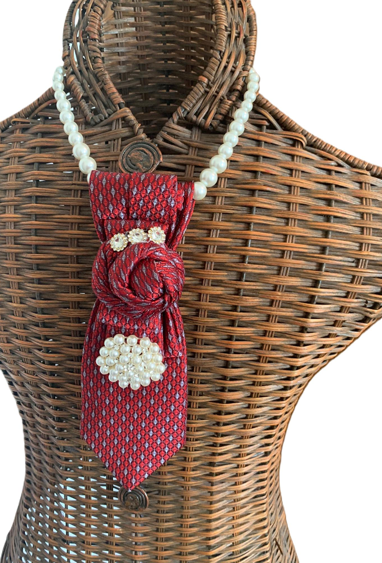 Ruthie's Crimson Rose Knot Necktie Necklace | Handcrafted Statement Piece