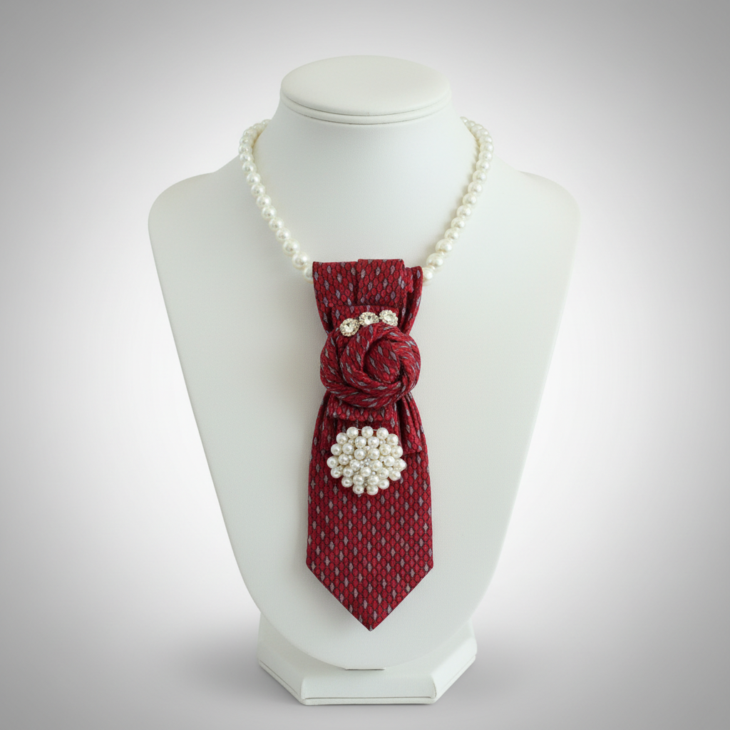 Crimson red necktie necklace with rose knot and rhinestone brooch on polished studio background