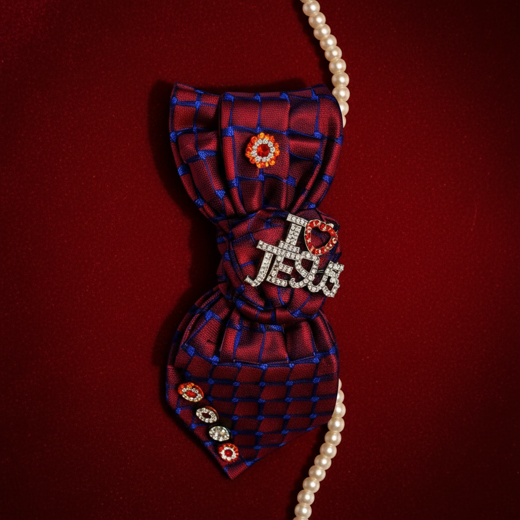 Burgundy Botany 500 necktie necklace with I Love Jesus rhinestone brooch displayed as flat lay on deep red velvet surface