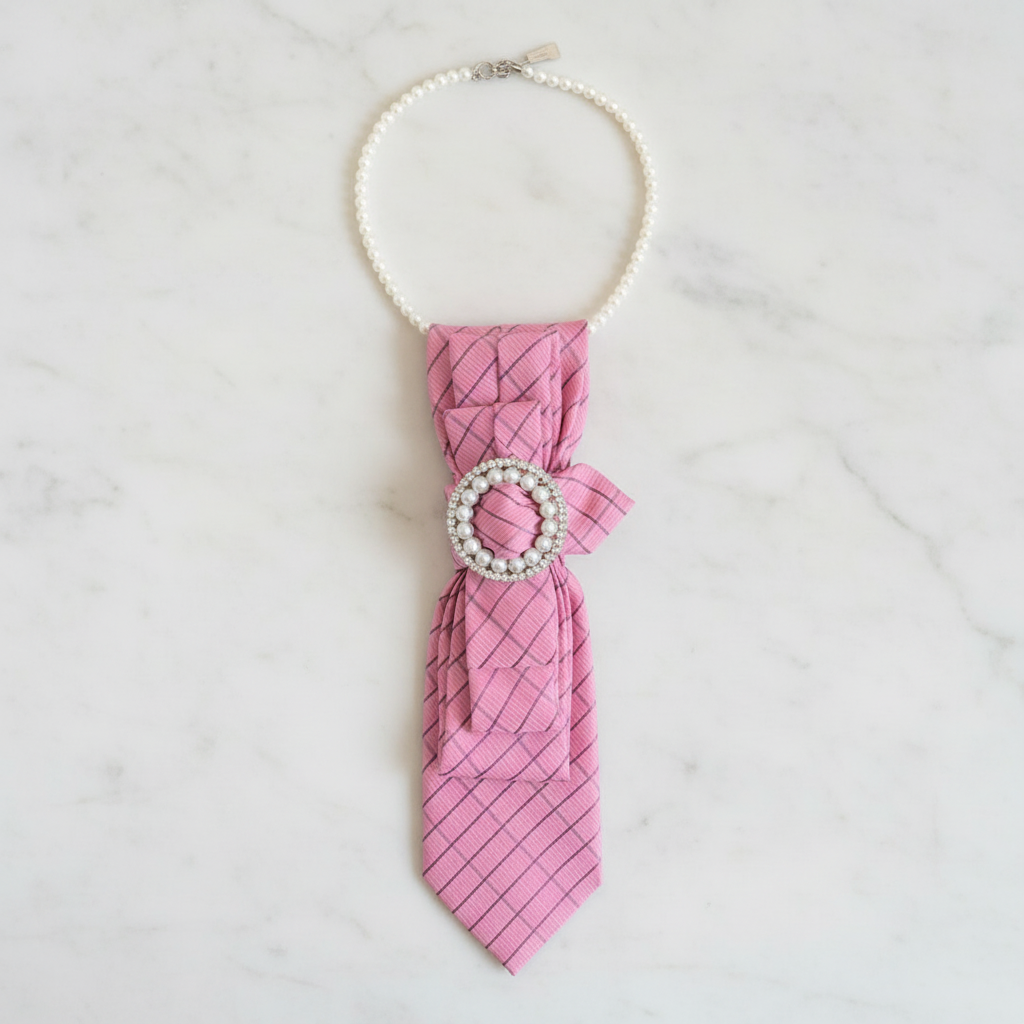 Soft pink striped necktie necklace with pearl and rhinestone brooch displayed as flat lay on white marble surface