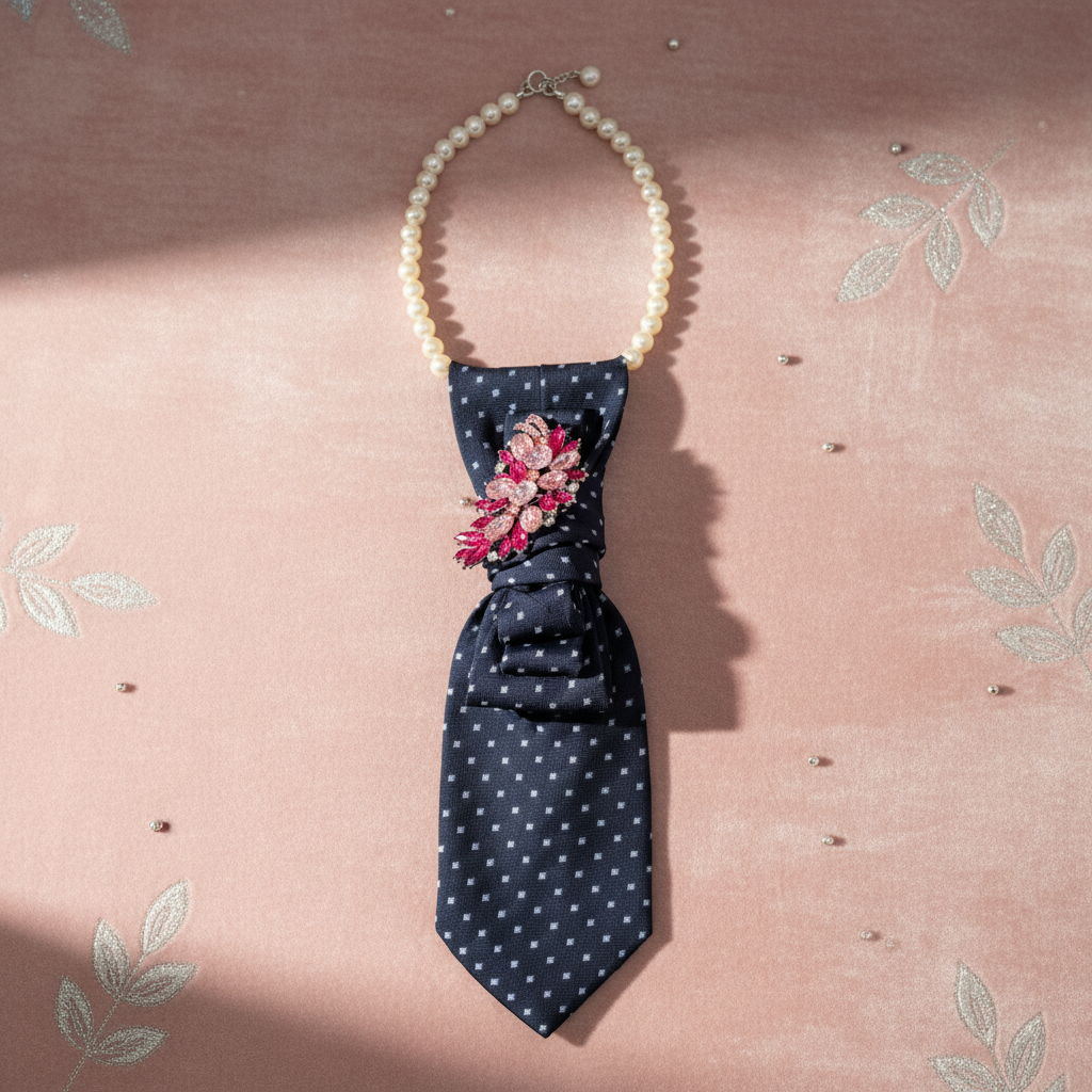 Navy blue polka dot silk necktie necklace with hot pink and blush crystal floral bouquet brooch displayed as flat lay on blush velvet