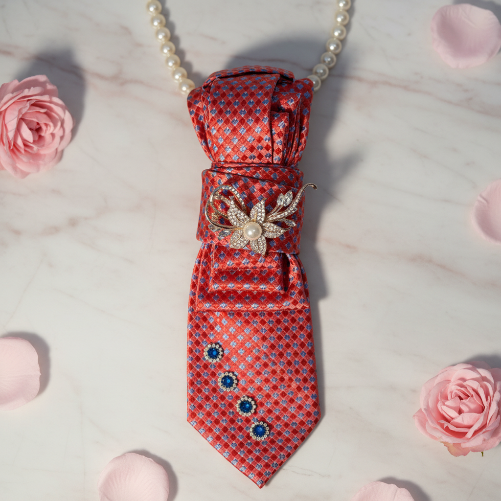 Coral red Michael Kors silk necktie necklace with silver phoenix brooch and sapphire rhinestone daisy accents displayed as flat lay on marble with rose petals